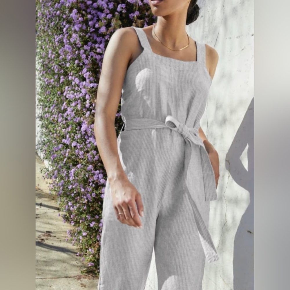 Everlane The Linen Square Neck Crop Jumpsuit Blue Striped W/ Pockets & Tie 10